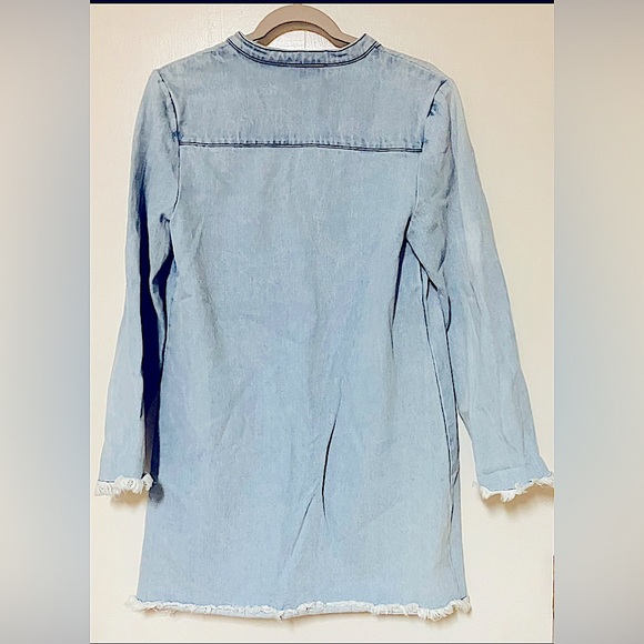 Sugar Lips Light Blue Denim Long Sleeve Mini Dress/Unfinished Hem/Tie Top/Size M - Picture 4 of 5